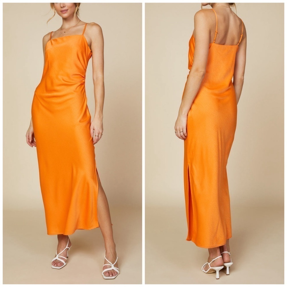 Skies Are Blue Curved Cami Satin Slit Maxi Slip Dress in Sunkissed Orange